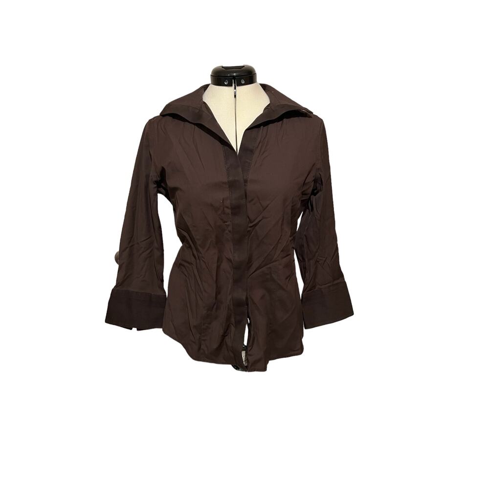 Talbots Petites Womens Brown Shirt Size 6P Fitted 3/4 Sleeves